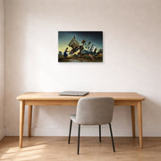 Gallery-wrapped canvas print of Thomas Hart Benton's Flood Disaster displayed on a wall in a home office