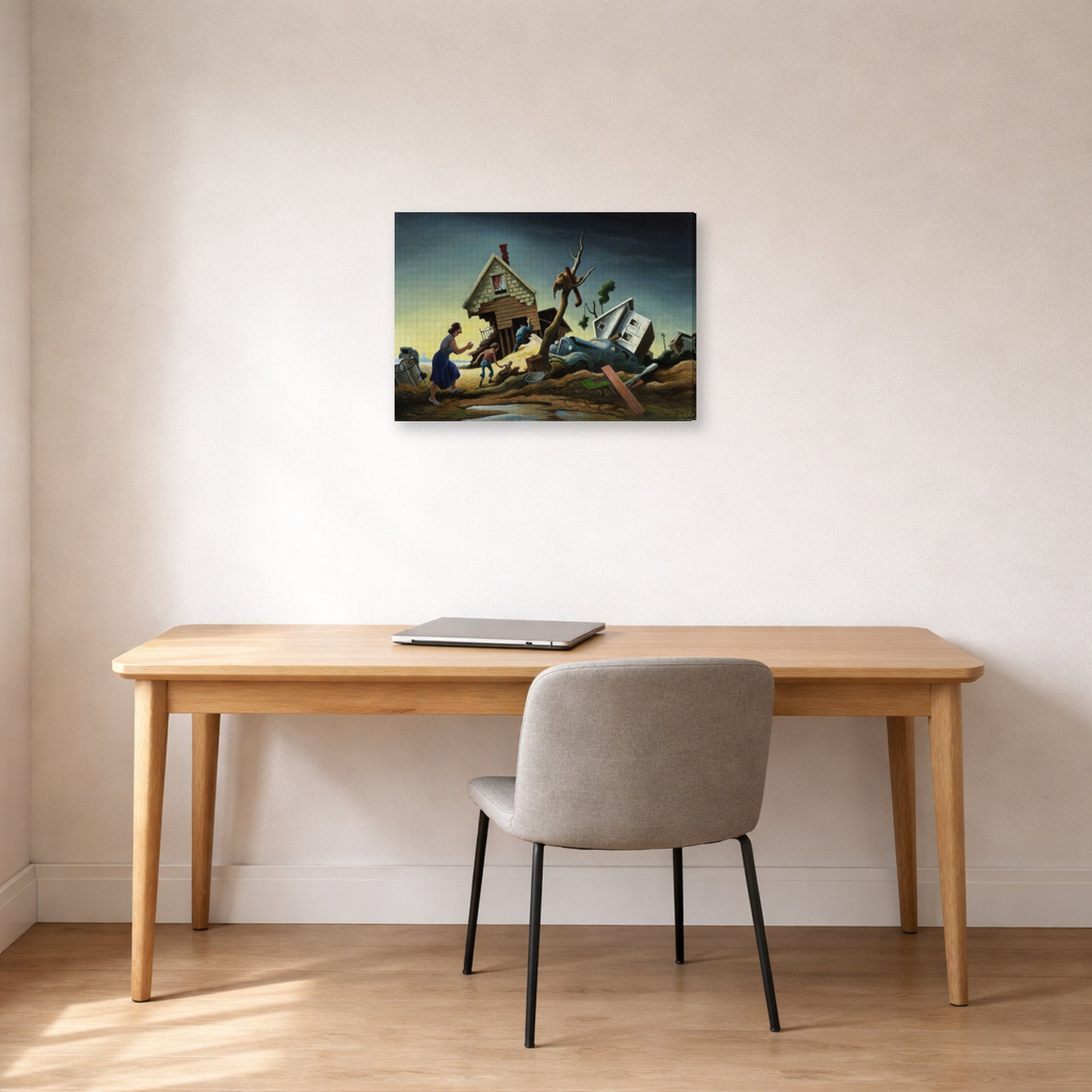 Gallery-wrapped canvas print of Thomas Hart Benton's Flood Disaster displayed on a wall in a home office