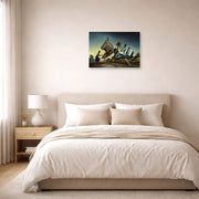 Unframed poster print of Thomas Hart Benton's Flood Disaster displayed on a wall in a bedroom