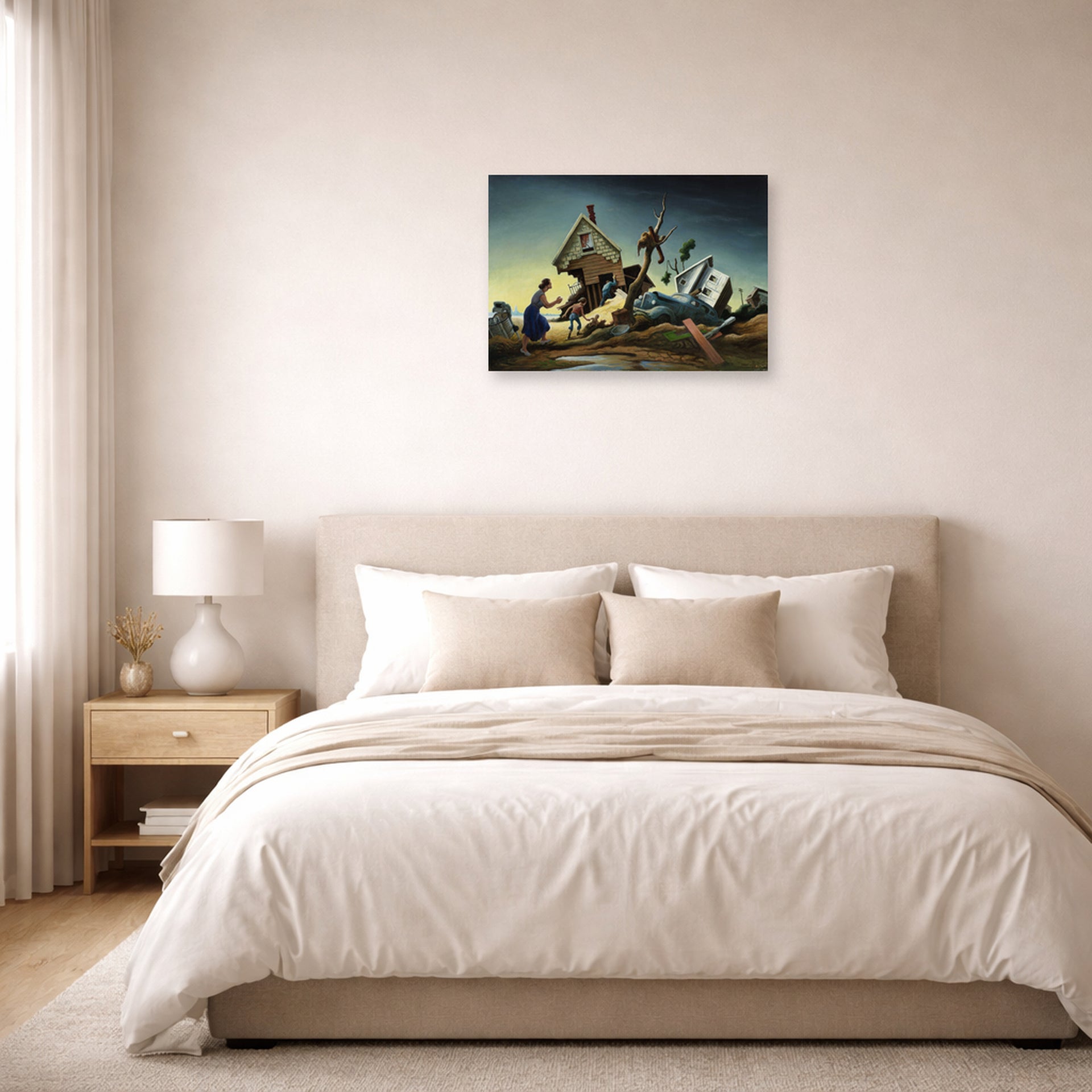 Unframed poster print of Thomas Hart Benton's Flood Disaster displayed on a wall in a bedroom