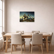 Unframed poster print of Thomas Hart Benton's Flood Disaster displayed on a wall in a dining room