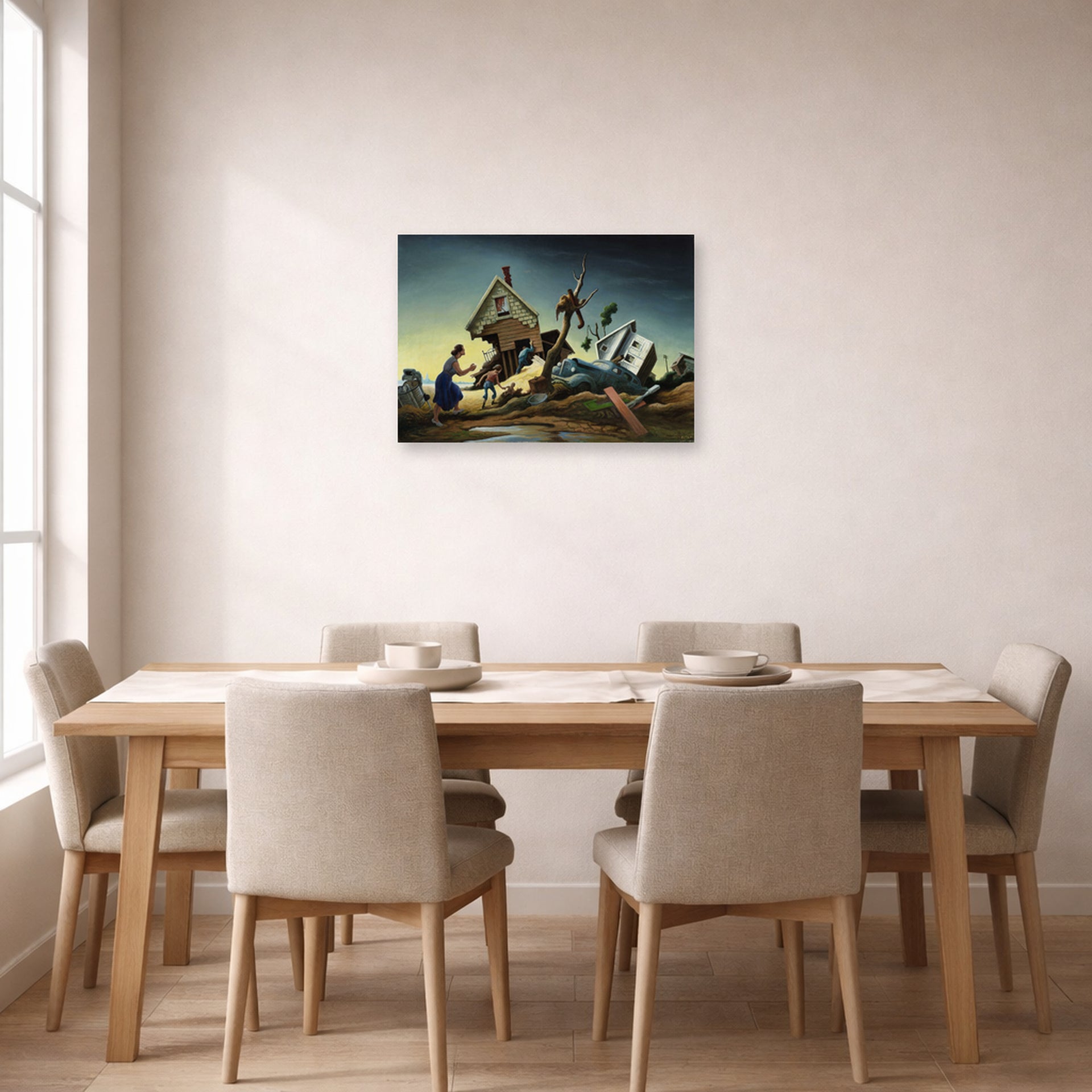 Unframed poster print of Thomas Hart Benton's Flood Disaster displayed on a wall in a dining room