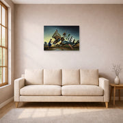 Unframed poster print of Thomas Hart Benton's Flood Disaster displayed on a wall in a living room