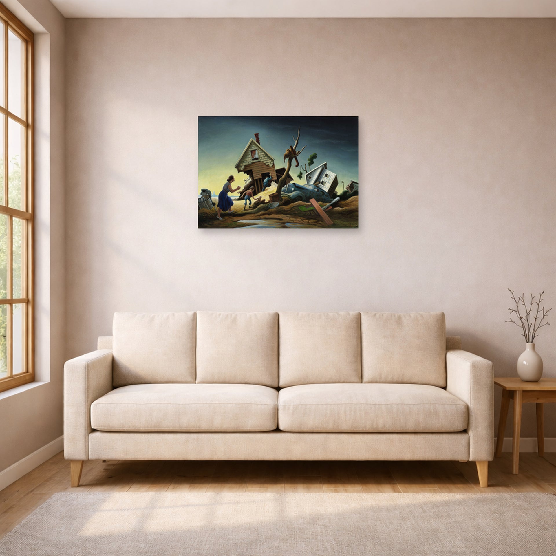 Unframed poster print of Thomas Hart Benton's Flood Disaster displayed on a wall in a living room