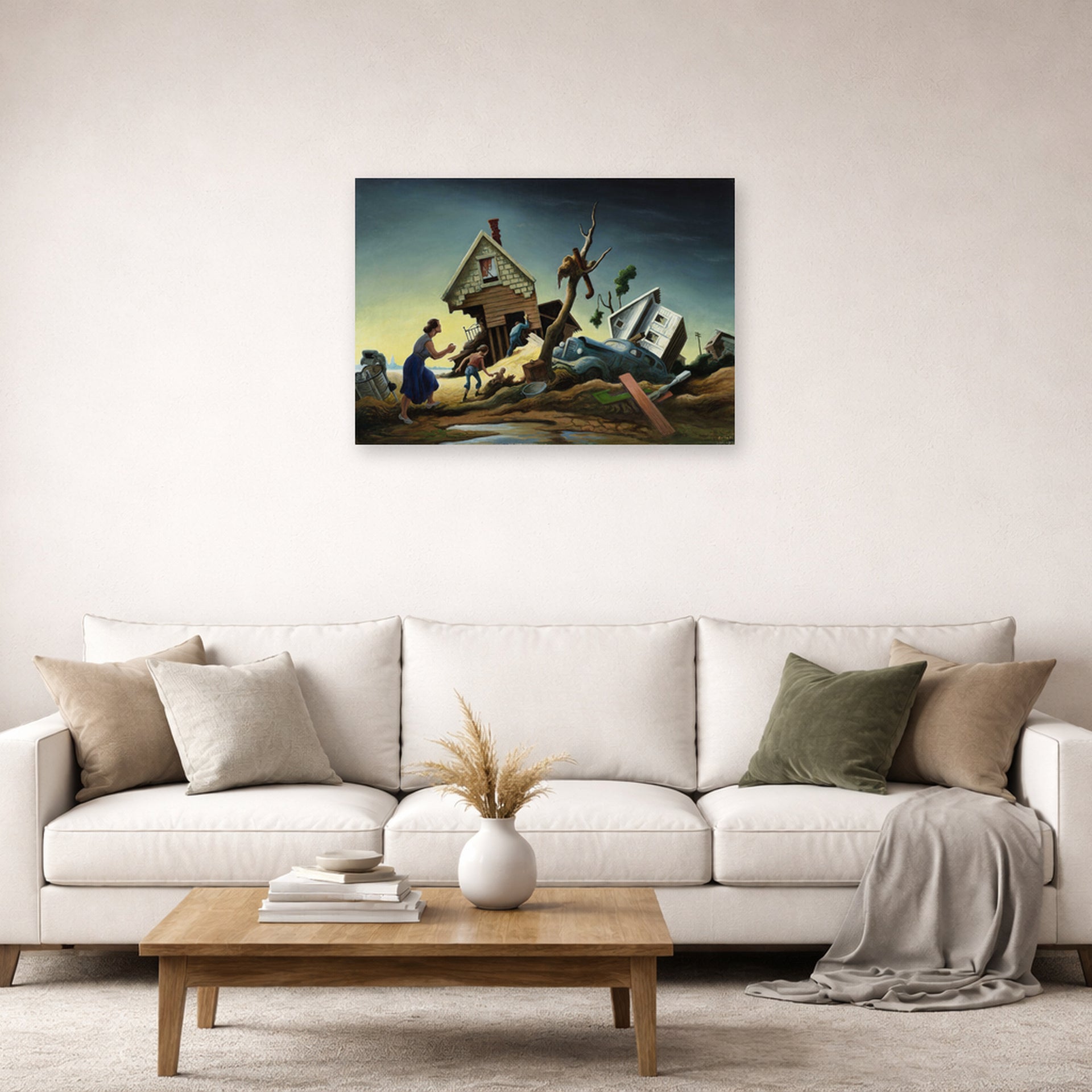 Unframed poster print of Thomas Hart Benton's Flood Disaster displayed on a wall in a living room