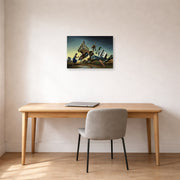 Unframed poster print of Thomas Hart Benton's Flood Disaster displayed on a wall in a home office
