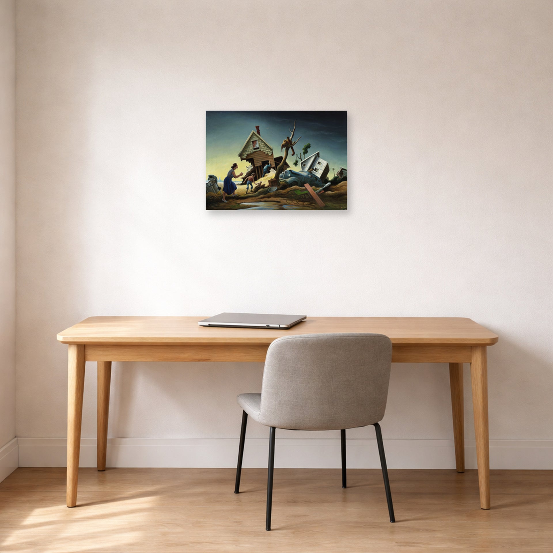 Unframed poster print of Thomas Hart Benton's Flood Disaster displayed on a wall in a home office