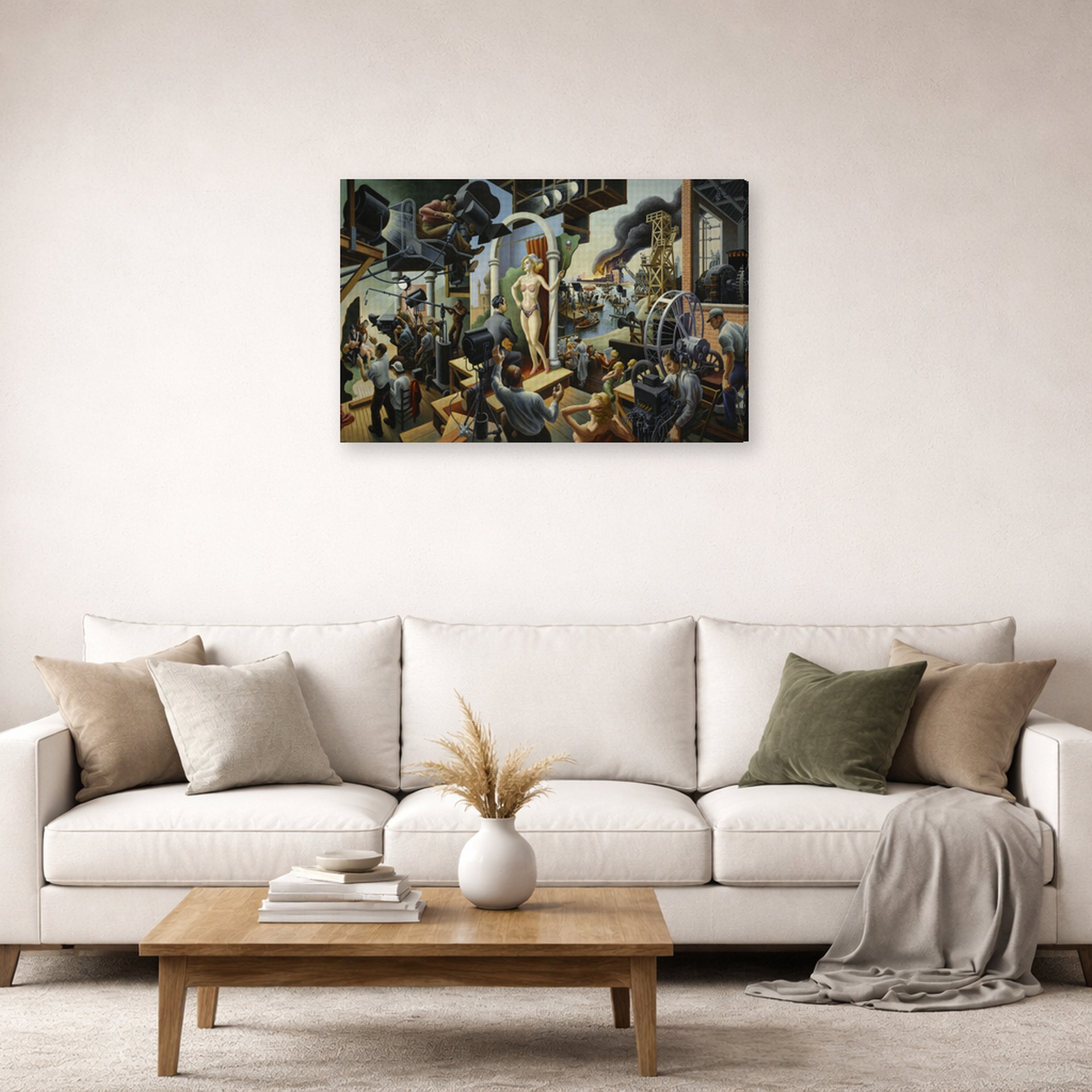 Gallery-wrapped canvas print of Thomas Hart Benton's Hollywood displayed on a wall in a living room