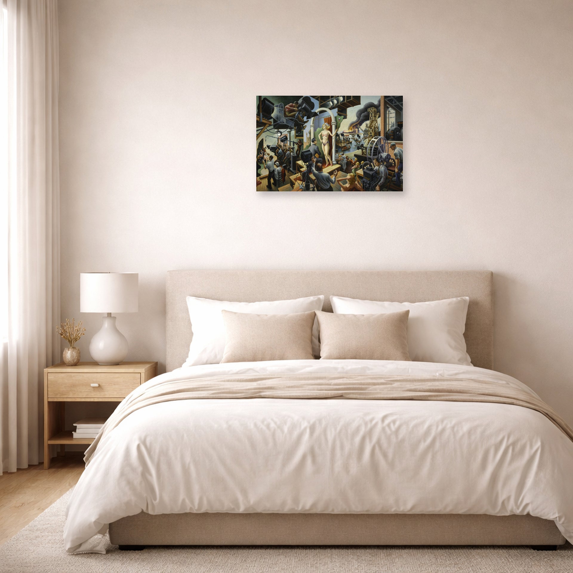 Unframed poster print of Thomas Hart Benton's Hollywood displayed on a wall in a bedroom