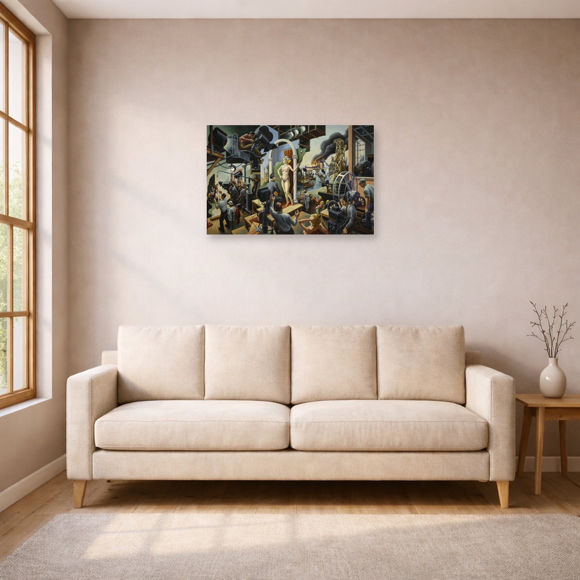 Unframed poster print of Thomas Hart Benton's Hollywood displayed on a wall in a living room