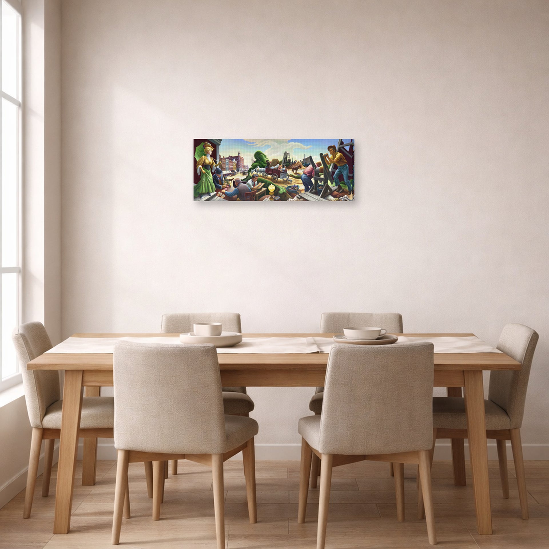 Gallery-wrapped canvas print of Thomas Hart Benton's Joplin at the Turn of the Century displayed on a wall in a dining room