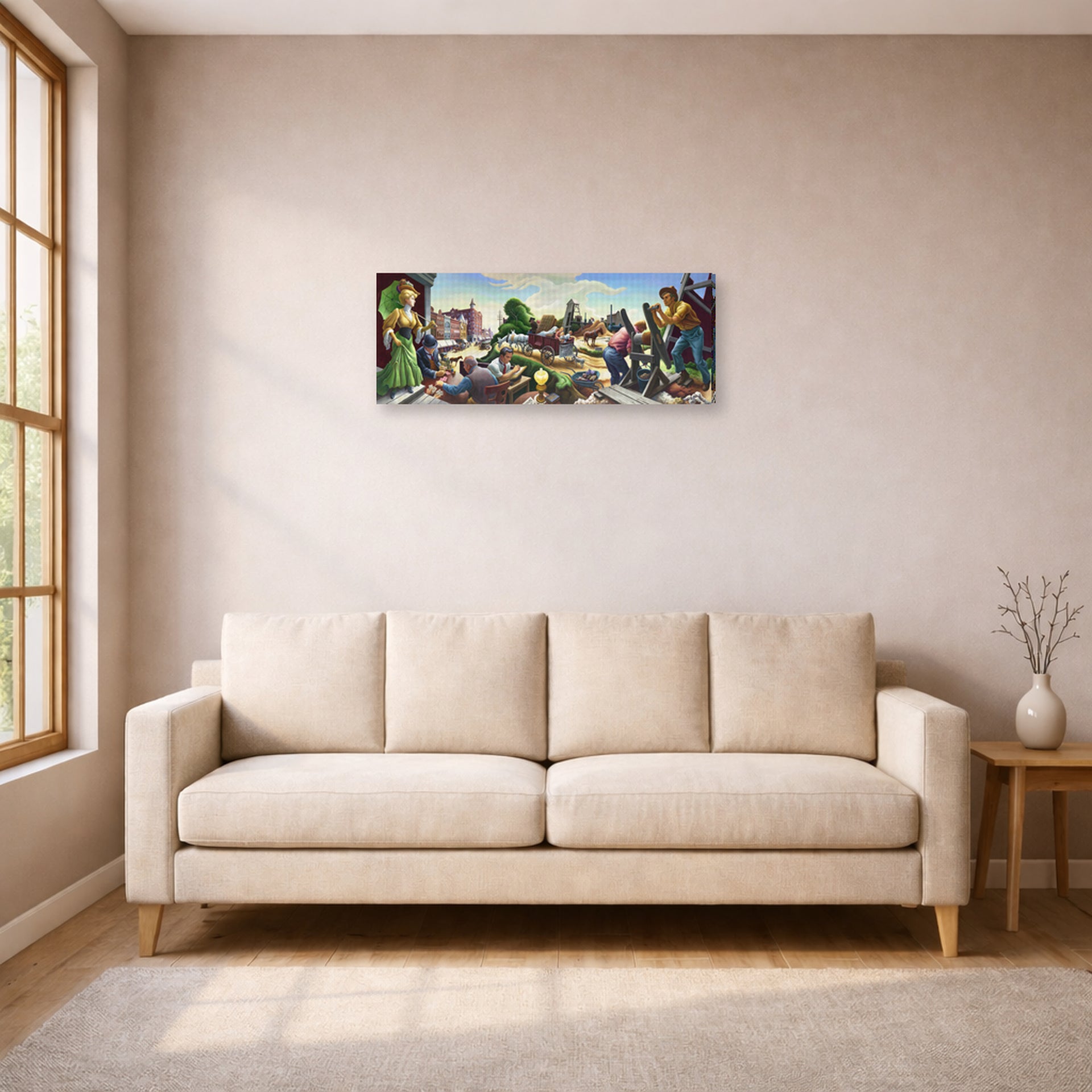 Gallery-wrapped canvas print of Thomas Hart Benton's Joplin at the Turn of the Century displayed on a wall in a living room