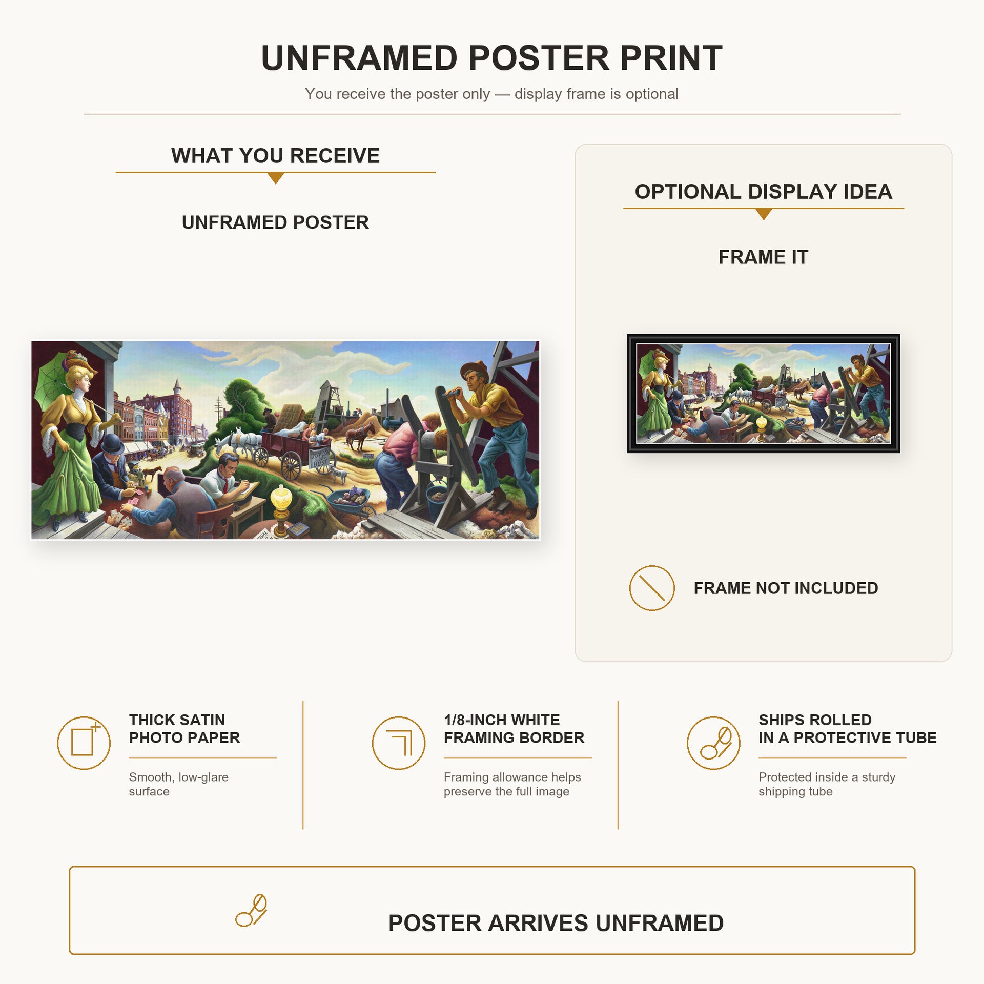 Thomas Hart Benton - Joplin at the Turn of the Century poster print size comparison and framing display infographic