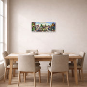 Unframed poster print of Thomas Hart Benton's Joplin at the Turn of the Century displayed on a wall in a dining room