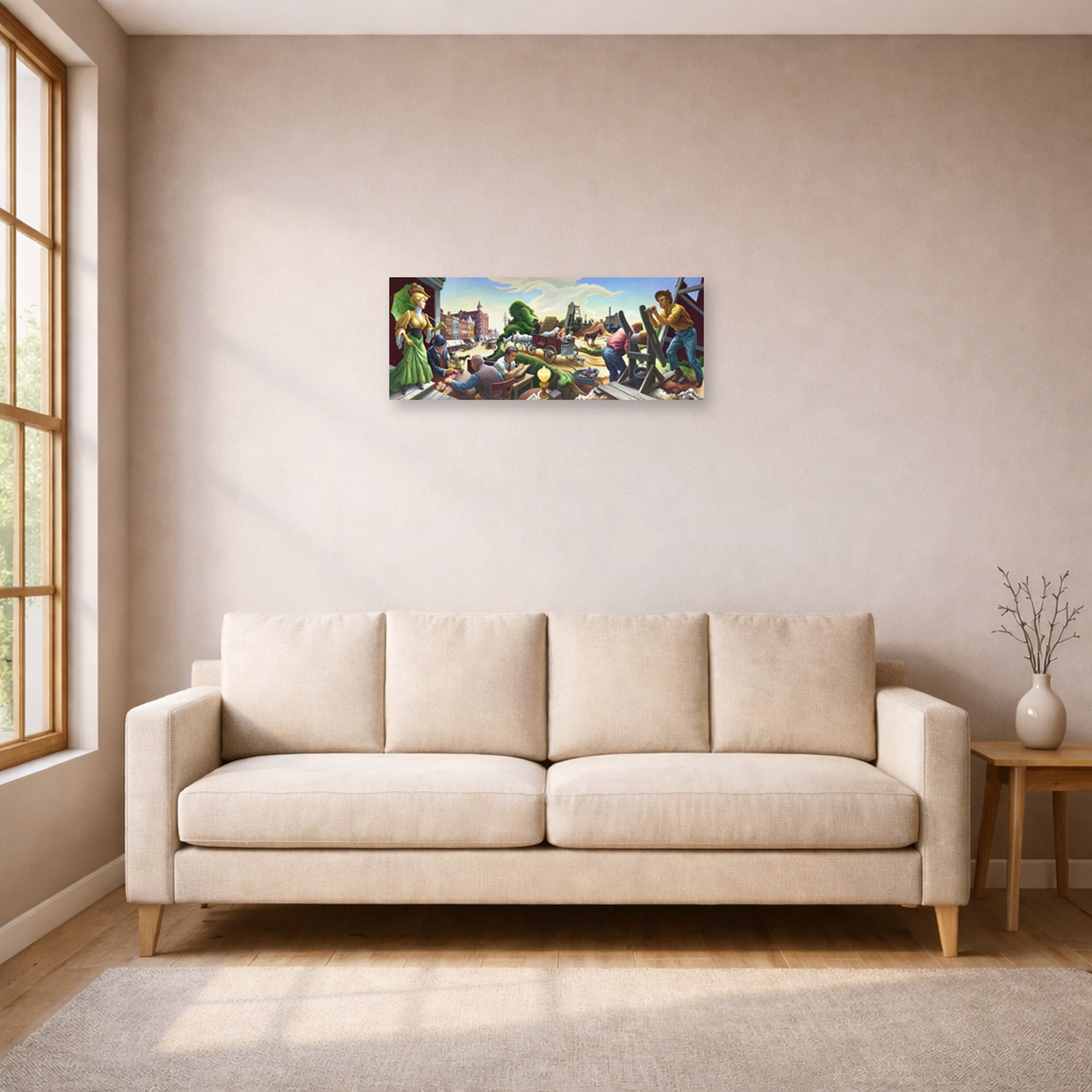 Unframed poster print of Thomas Hart Benton's Joplin at the Turn of the Century displayed on a wall in a living room