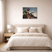Gallery-wrapped canvas print of Thomas Hart Benton's Negro Soldier displayed on a wall in a bedroom