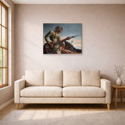 Gallery-wrapped canvas print of Thomas Hart Benton's Negro Soldier displayed on a wall in a living room