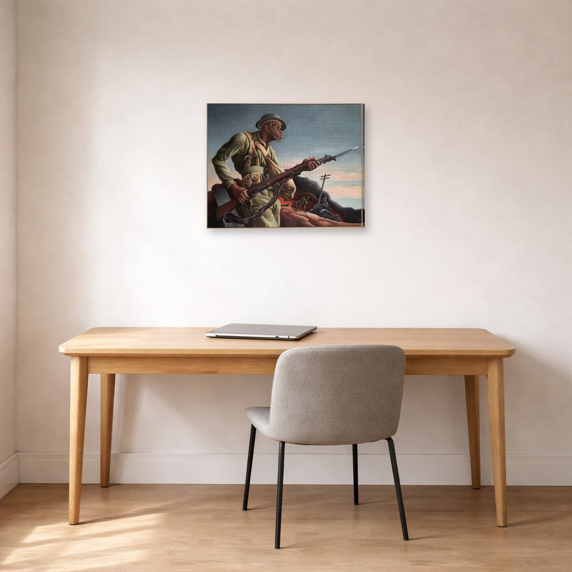 Gallery-wrapped canvas print of Thomas Hart Benton's Negro Soldier displayed on a wall in a home office