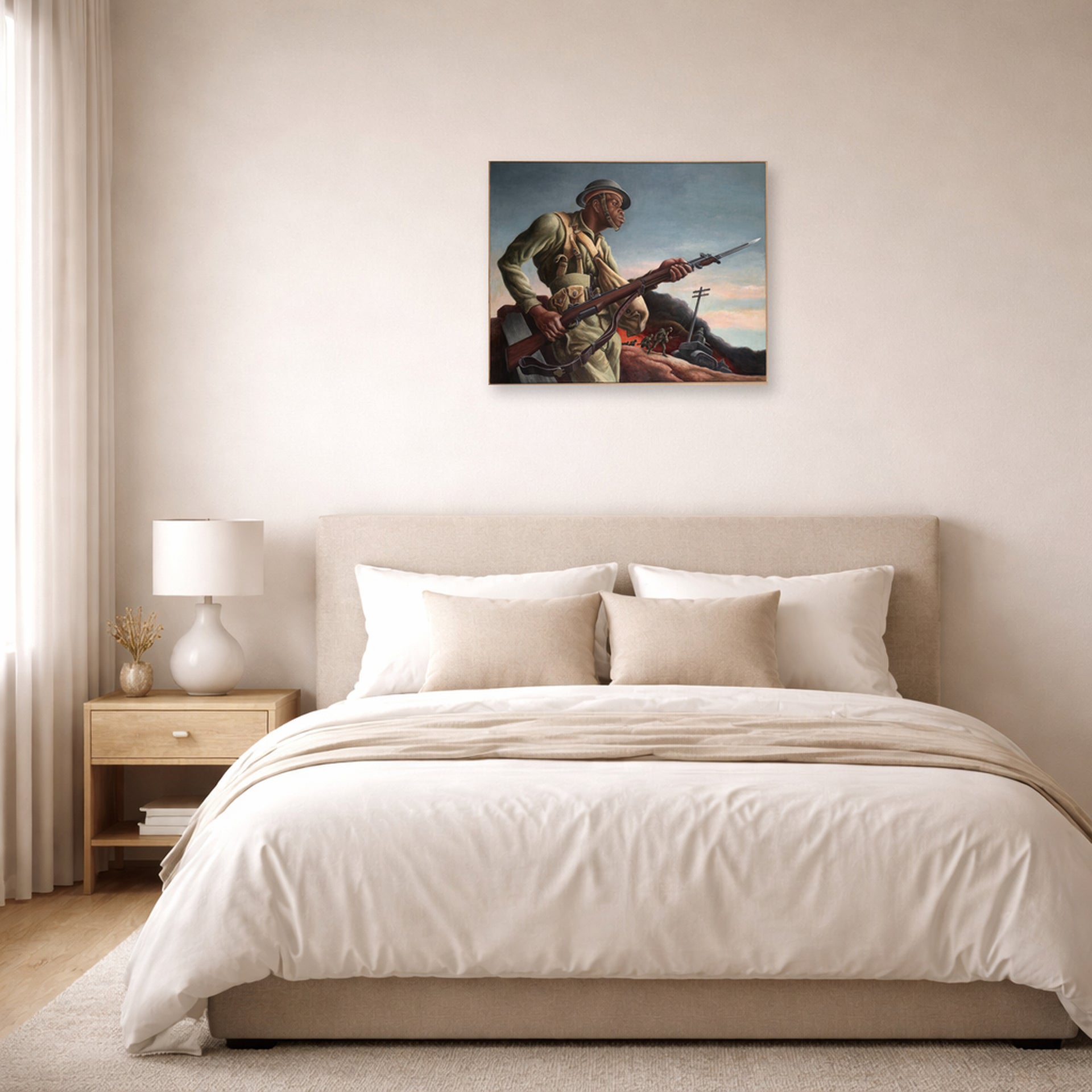 Unframed poster print of Thomas Hart Benton's Negro Soldier displayed on a wall in a bedroom