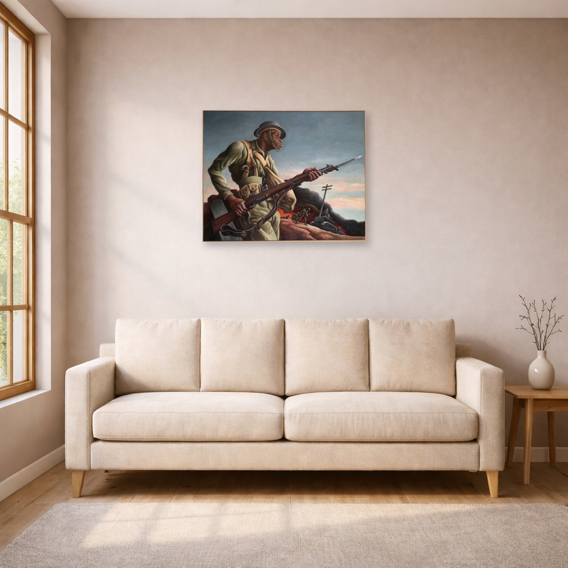 Unframed poster print of Thomas Hart Benton's Negro Soldier displayed on a wall in a living room