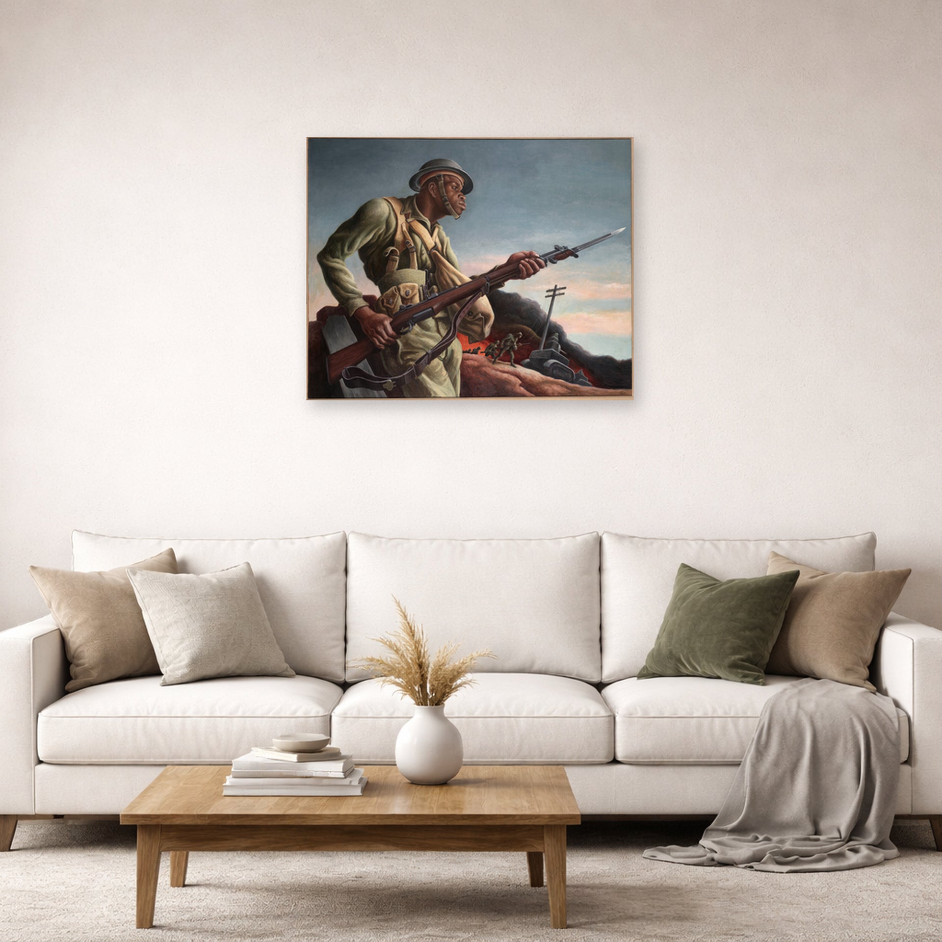 Unframed poster print of Thomas Hart Benton's Negro Soldier displayed on a wall in a living room