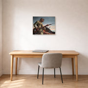Unframed poster print of Thomas Hart Benton's Negro Soldier displayed on a wall in a home office