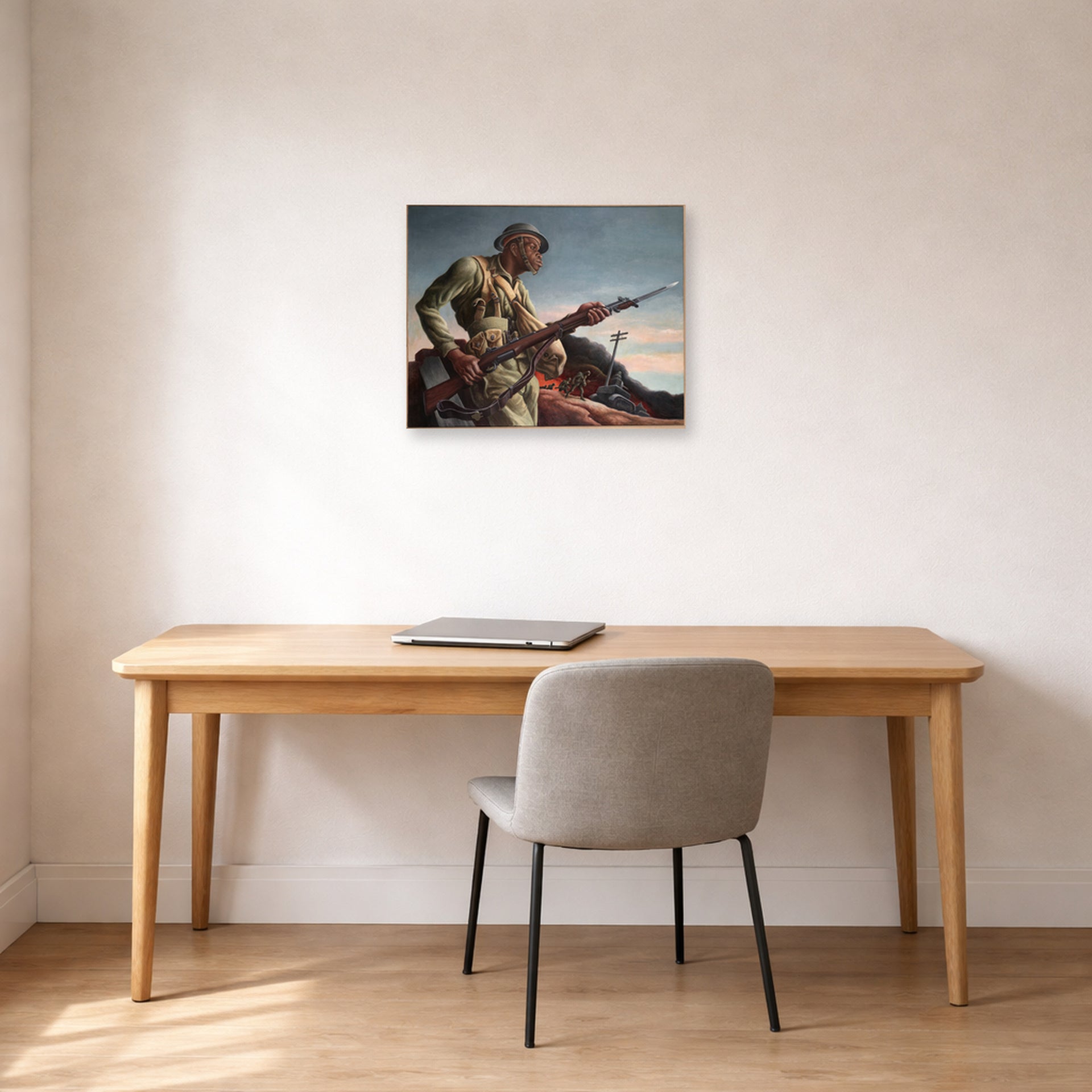 Unframed poster print of Thomas Hart Benton's Negro Soldier displayed on a wall in a home office