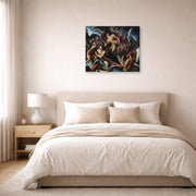 Gallery-wrapped canvas print of Thomas Hart Benton's People of Chilmark displayed on a wall in a bedroom
