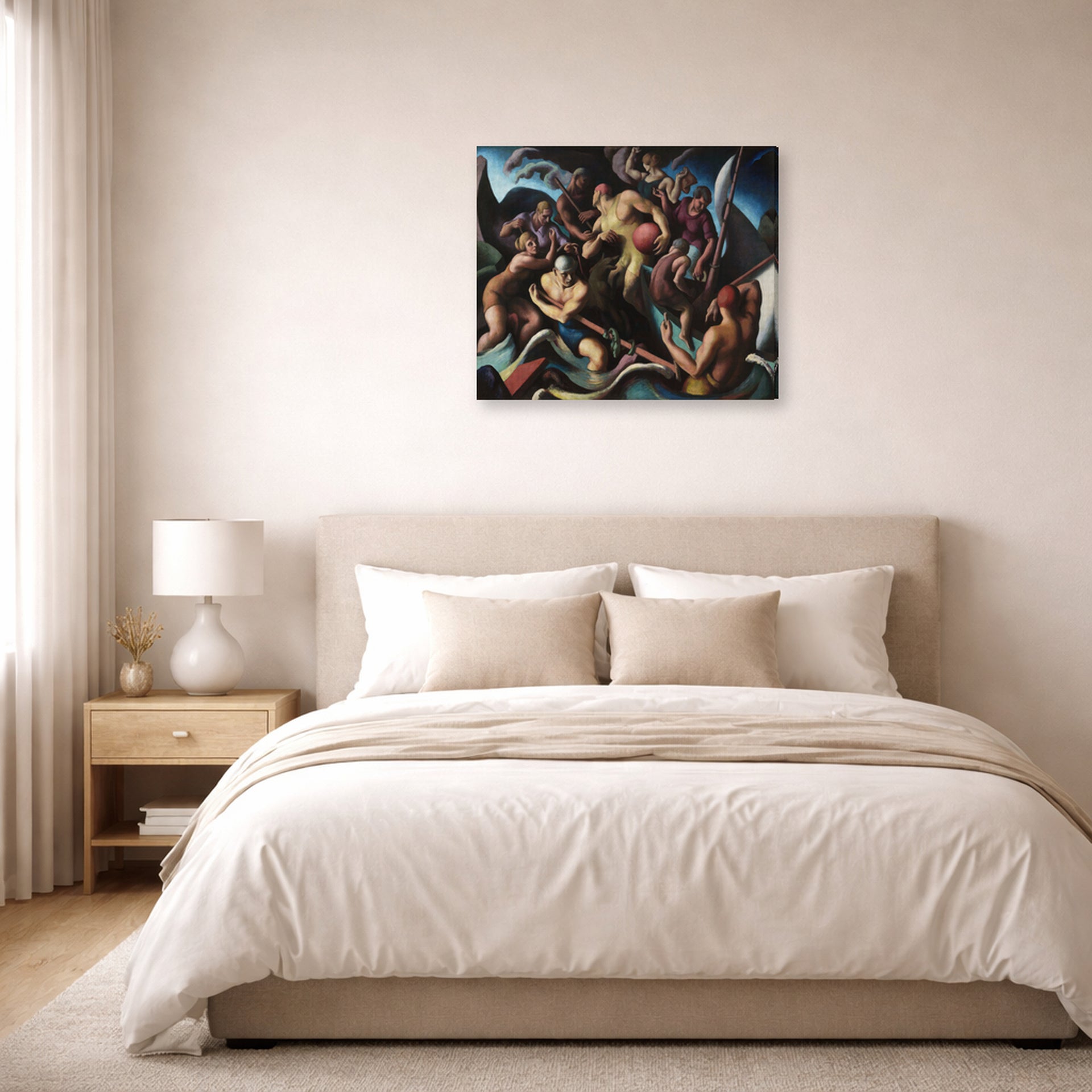 Gallery-wrapped canvas print of Thomas Hart Benton's People of Chilmark displayed on a wall in a bedroom