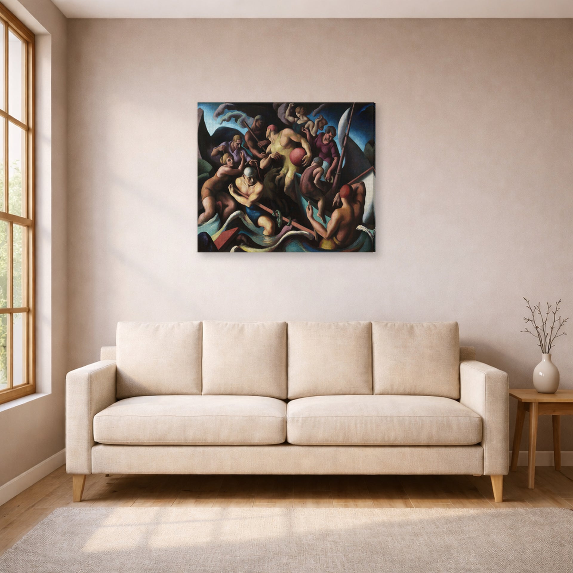 Gallery-wrapped canvas print of Thomas Hart Benton's People of Chilmark displayed on a wall in a living room
