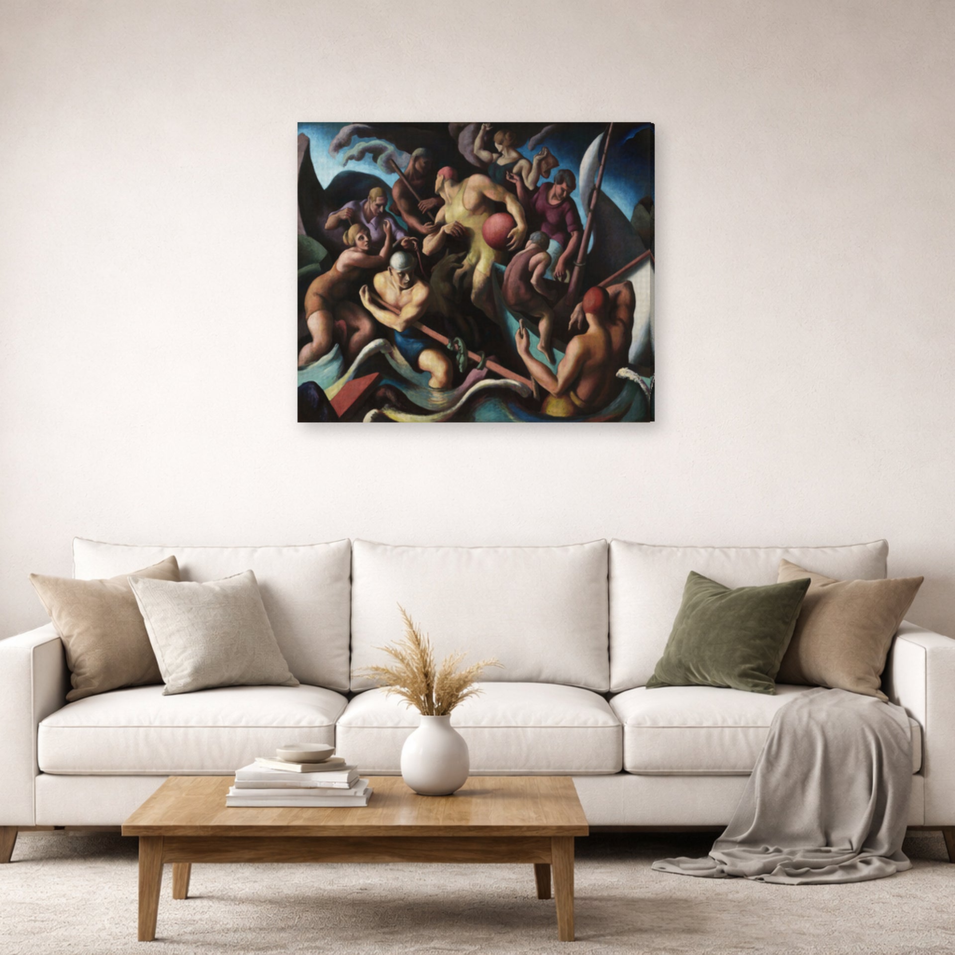 Gallery-wrapped canvas print of Thomas Hart Benton's People of Chilmark displayed on a wall in a living room