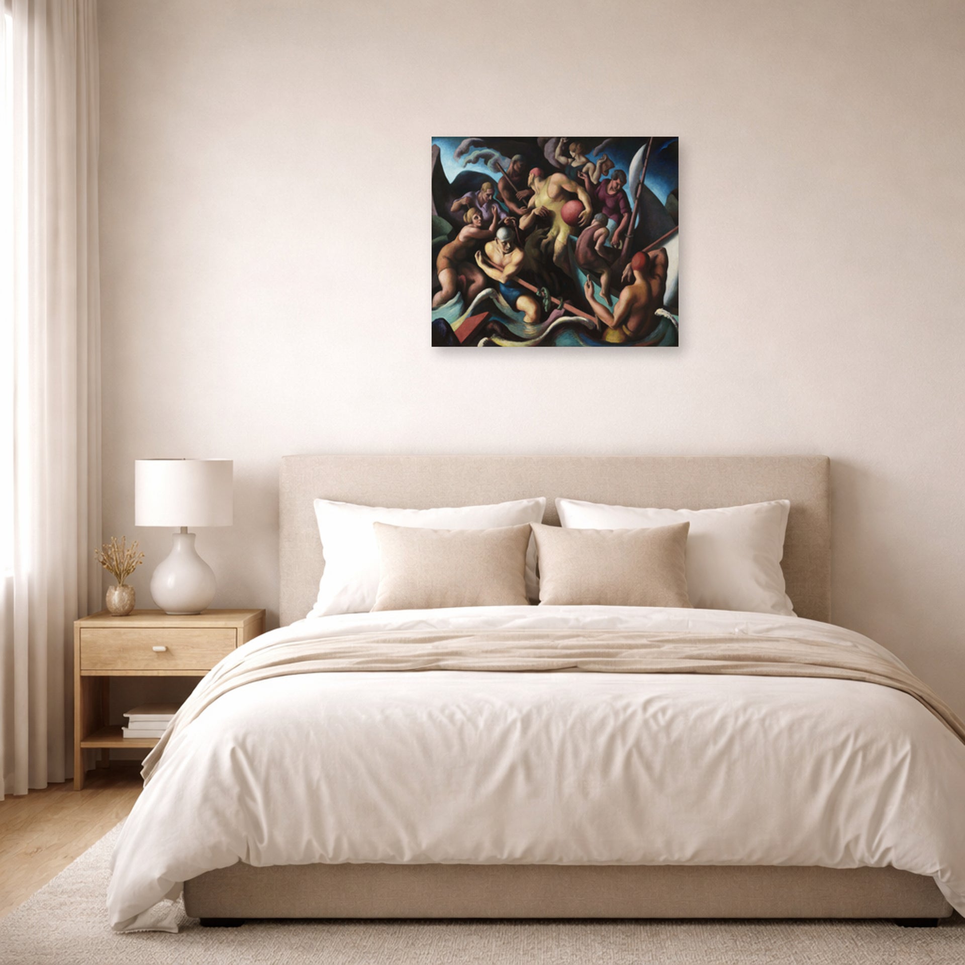 Unframed poster print of Thomas Hart Benton's People of Chilmark displayed on a wall in a bedroom