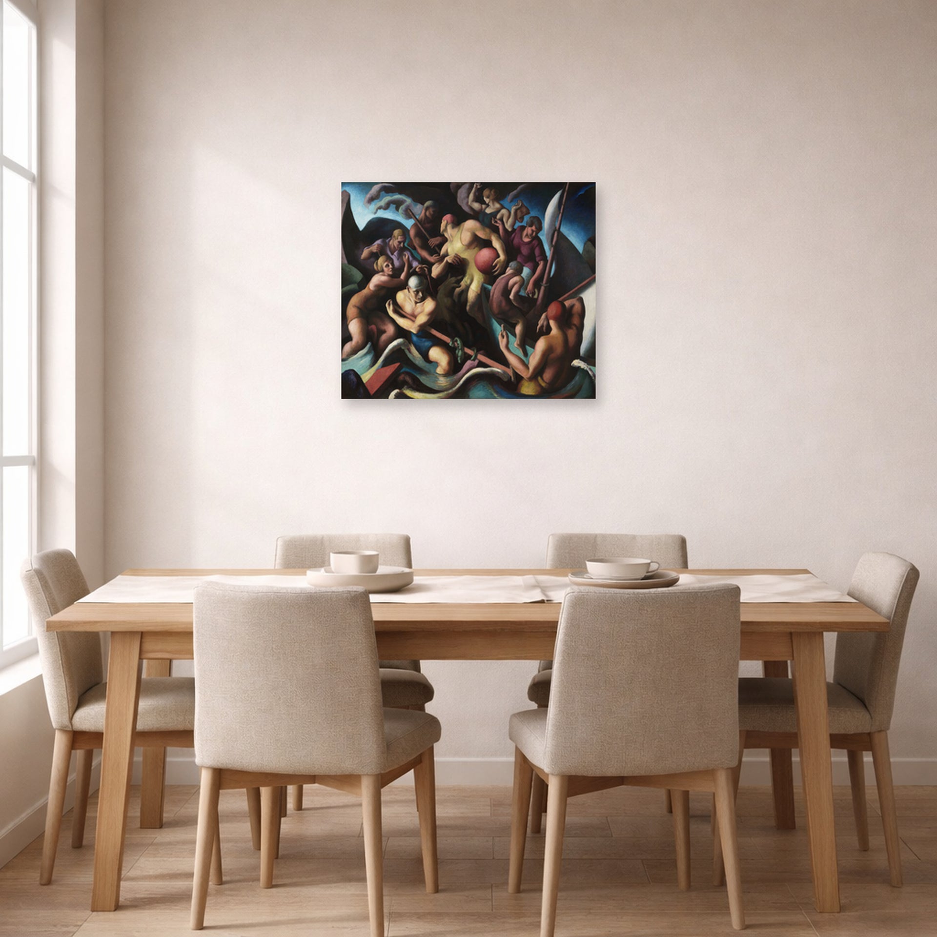 Unframed poster print of Thomas Hart Benton's People of Chilmark displayed on a wall in a dining room