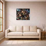 Unframed poster print of Thomas Hart Benton's People of Chilmark displayed on a wall in a living room