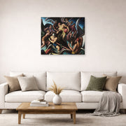 Unframed poster print of Thomas Hart Benton's People of Chilmark displayed on a wall in a living room