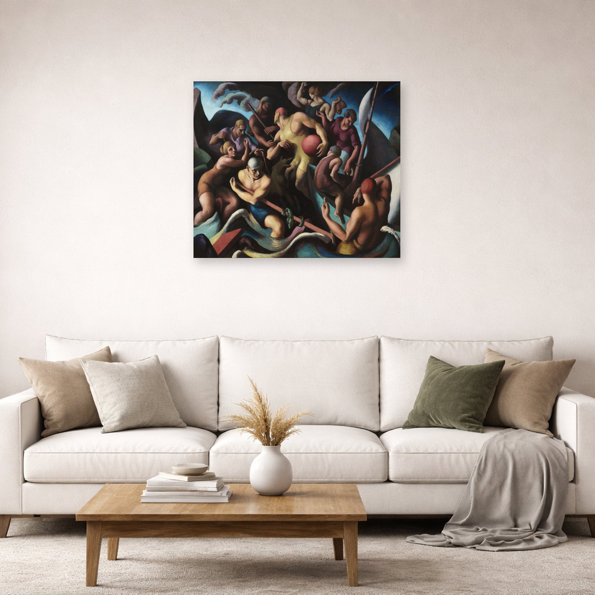 Unframed poster print of Thomas Hart Benton's People of Chilmark displayed on a wall in a living room