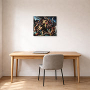 Unframed poster print of Thomas Hart Benton's People of Chilmark displayed on a wall in a home office