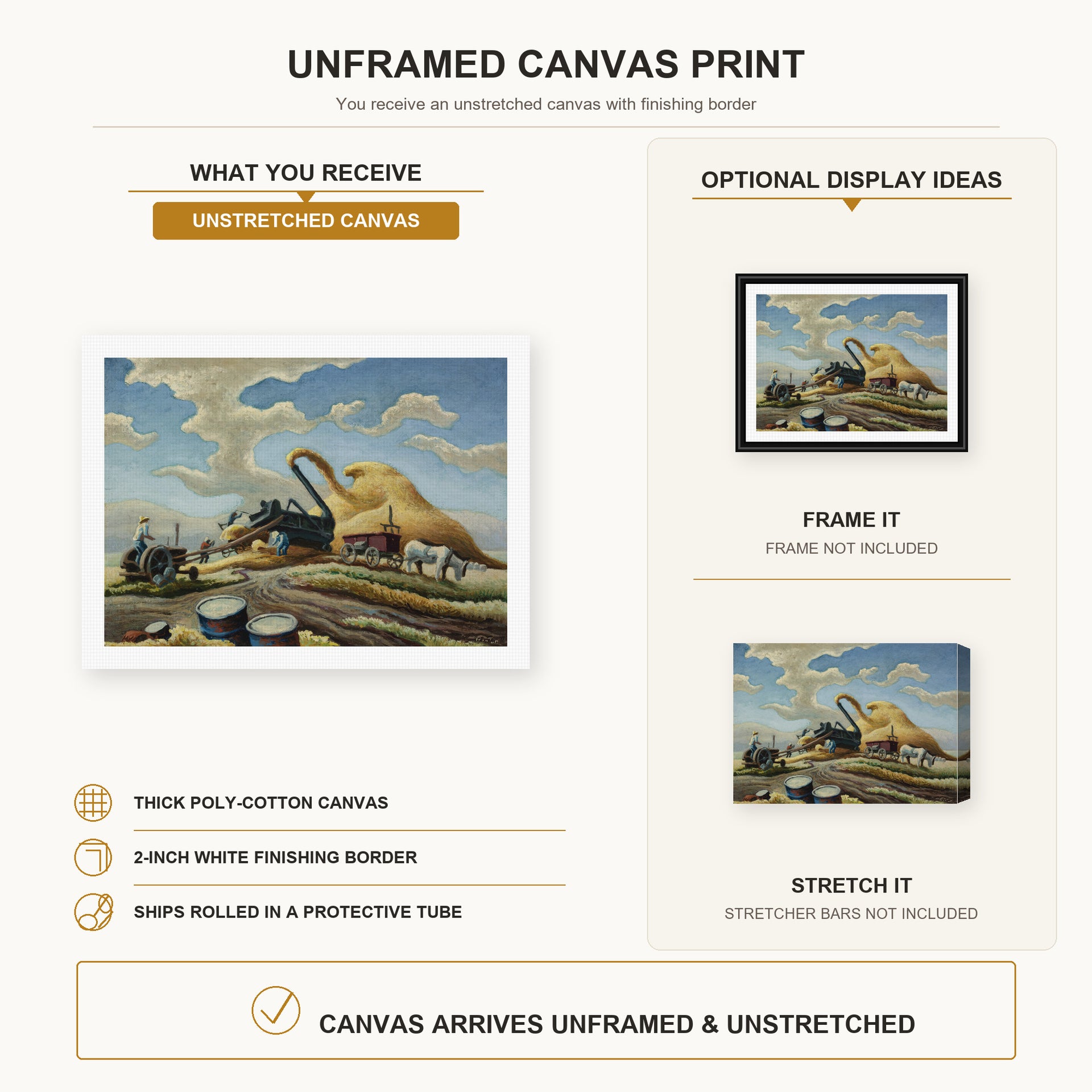 Thomas Hart Benton - Rice Threshing canvas print size comparison and framing display infographic