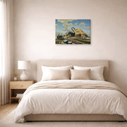 Gallery-wrapped canvas print of Thomas Hart Benton's Rice Threshing displayed on a wall in a bedroom