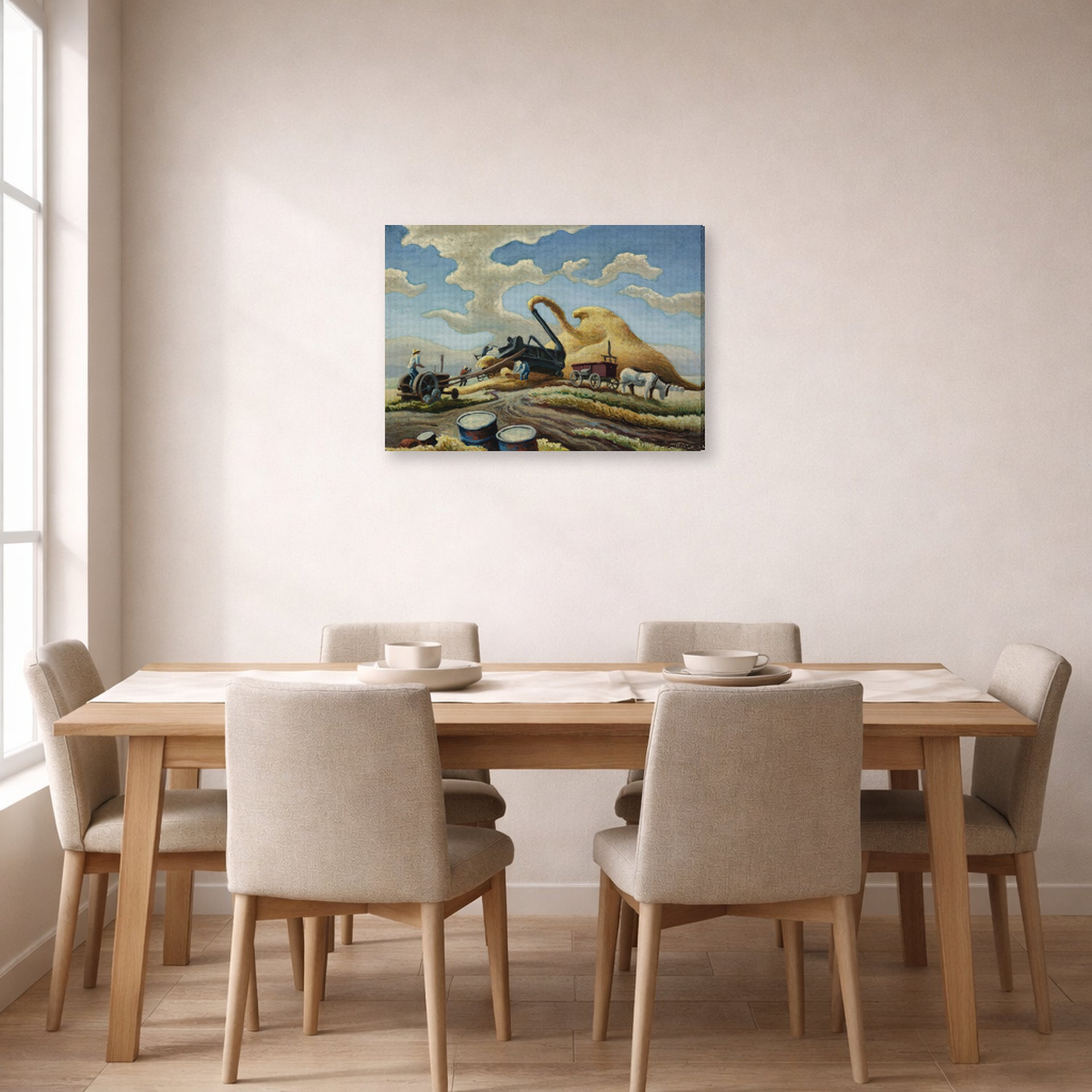 Gallery-wrapped canvas print of Thomas Hart Benton's Rice Threshing displayed on a wall in a dining room