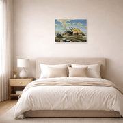 Unframed poster print of Thomas Hart Benton's Rice Threshing displayed on a wall in a bedroom