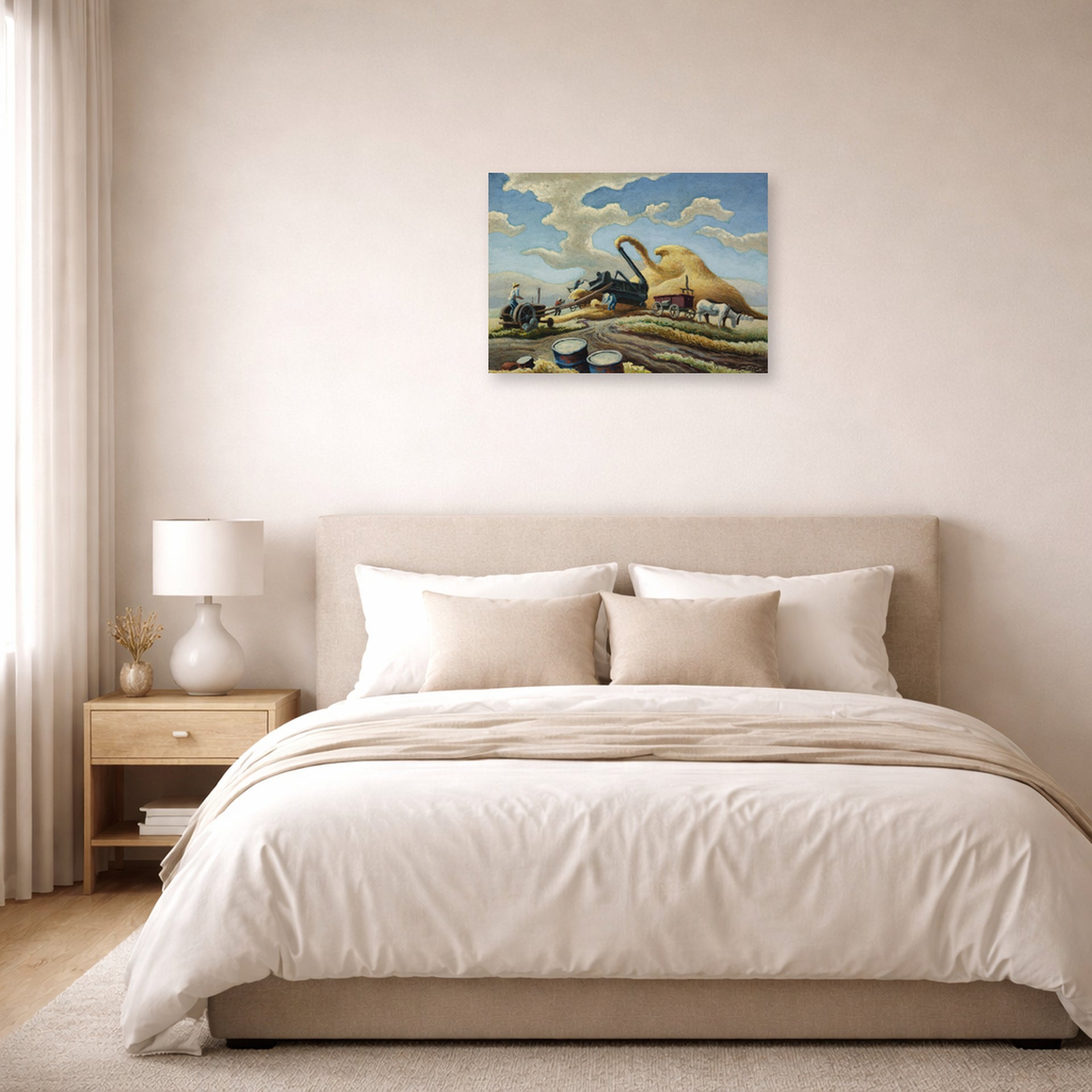 Unframed poster print of Thomas Hart Benton's Rice Threshing displayed on a wall in a bedroom
