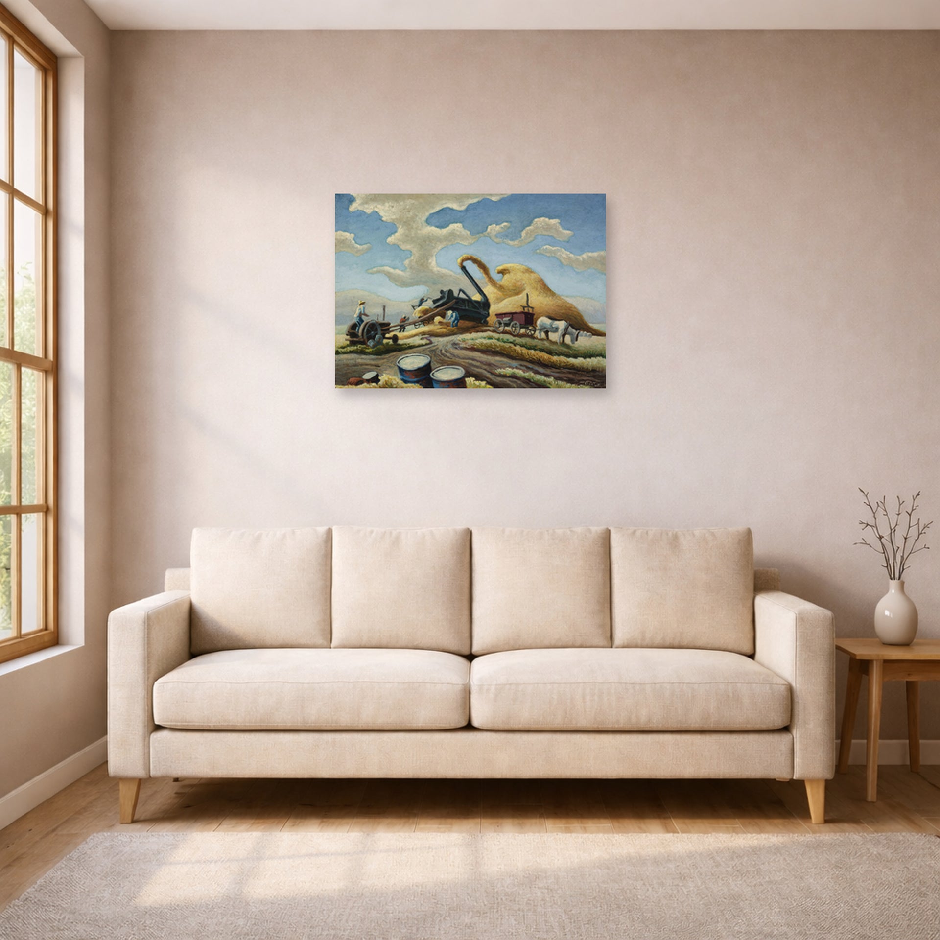 Unframed poster print of Thomas Hart Benton's Rice Threshing displayed on a wall in a living room