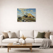 Unframed poster print of Thomas Hart Benton's Rice Threshing displayed on a wall in a living room