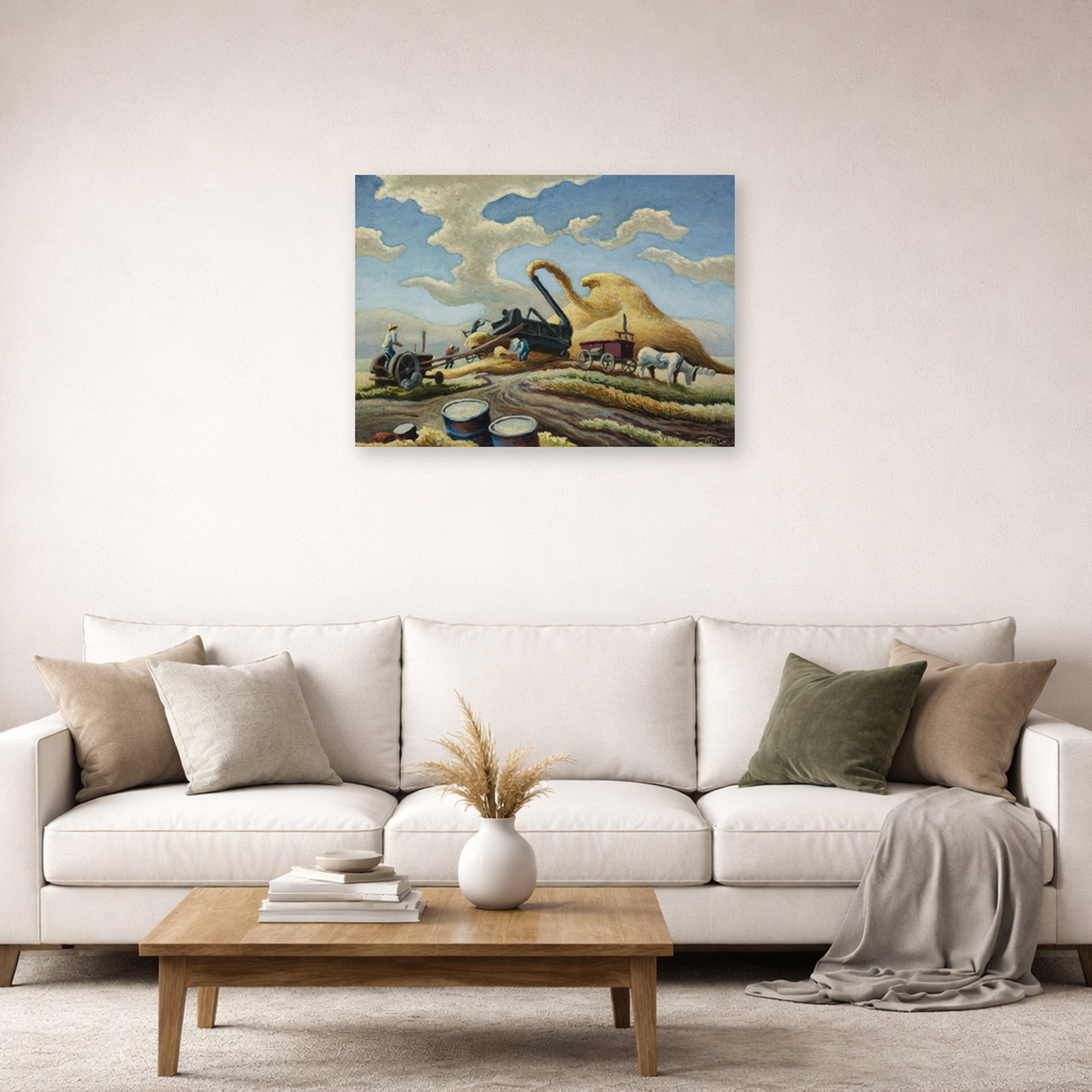 Unframed poster print of Thomas Hart Benton's Rice Threshing displayed on a wall in a living room