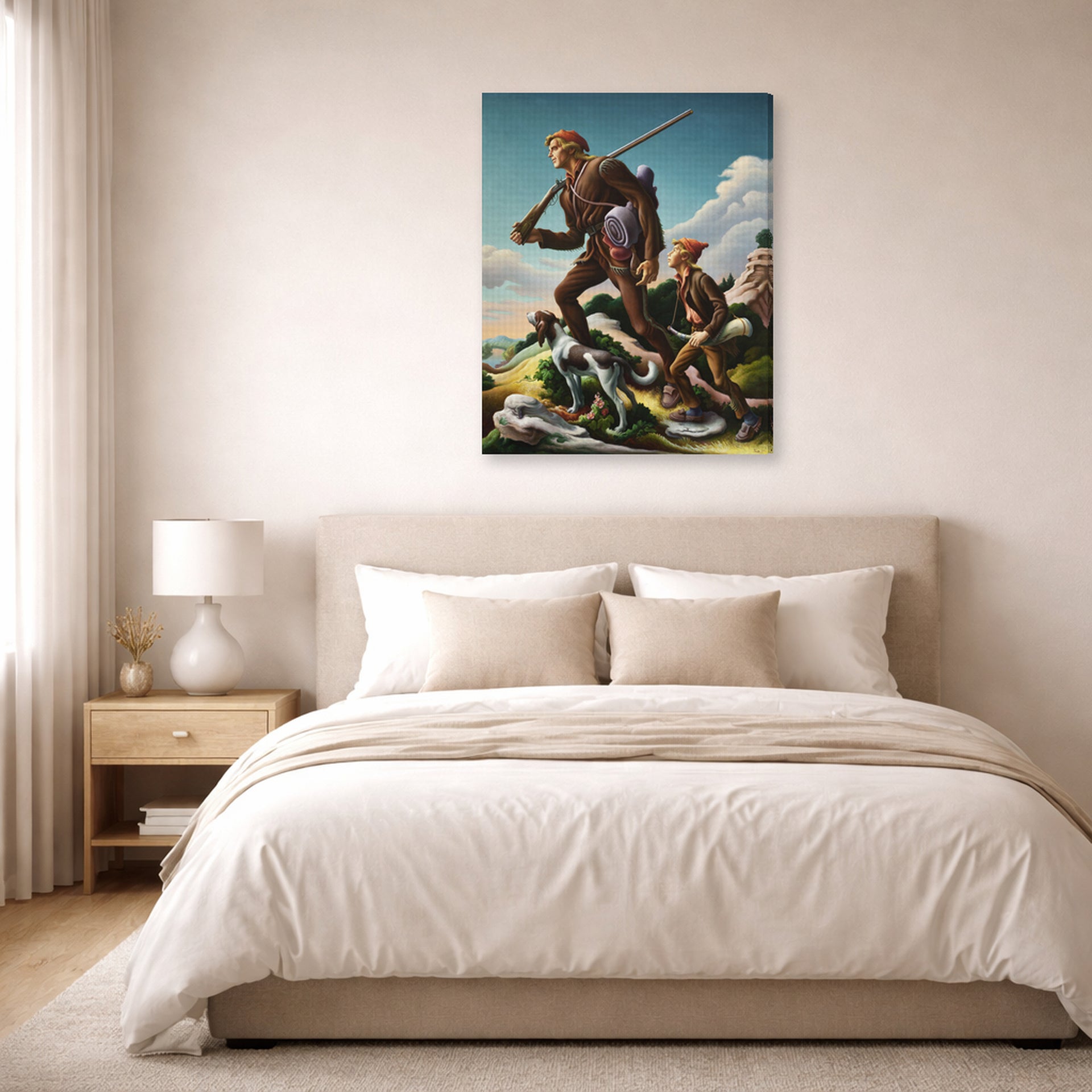 Gallery-wrapped canvas print of Thomas Hart Benton's The Kentuckian displayed on a wall in a bedroom