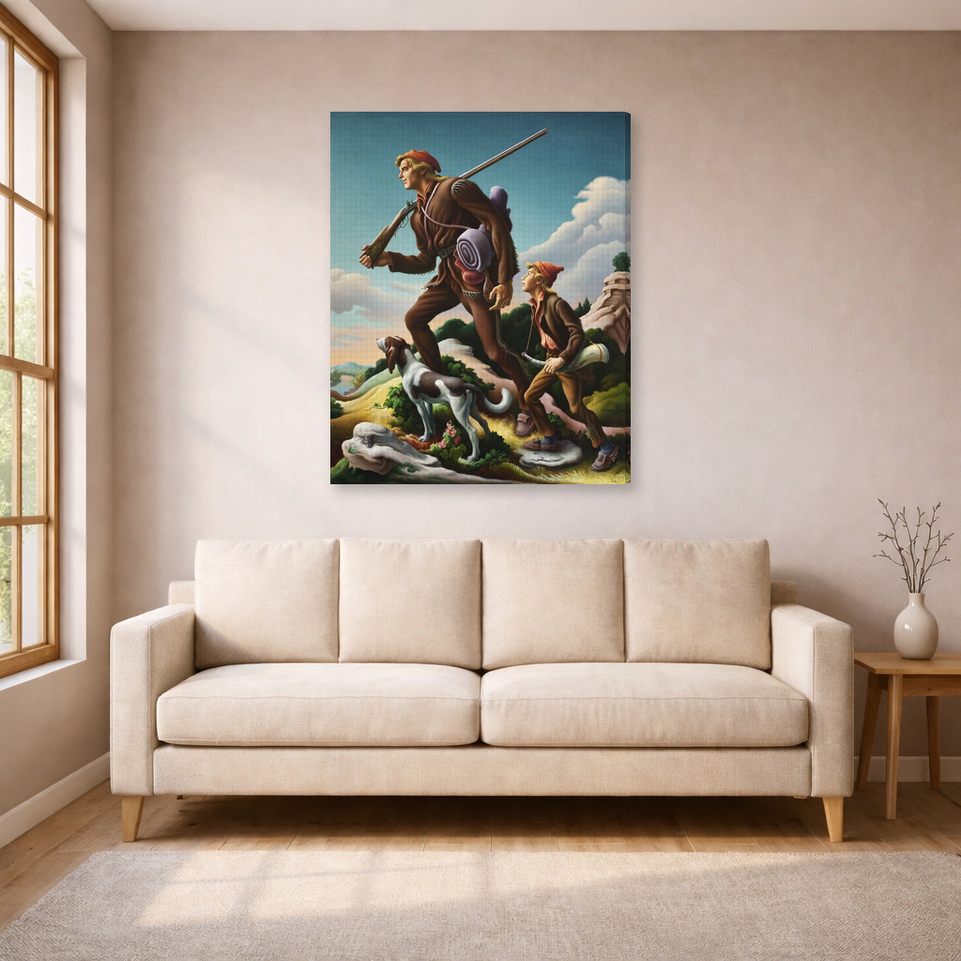 Gallery-wrapped canvas print of Thomas Hart Benton's The Kentuckian displayed on a wall in a living room