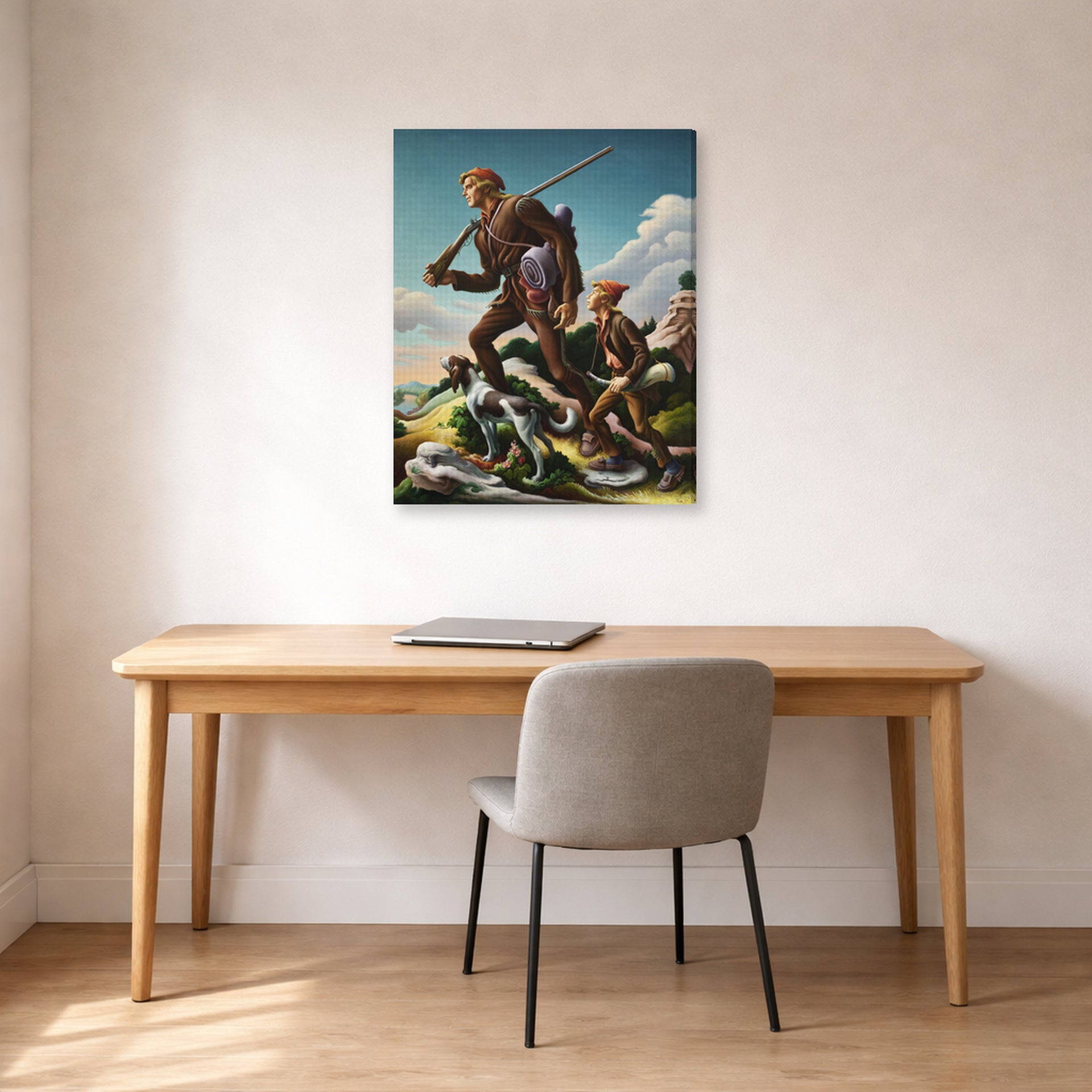 Gallery-wrapped canvas print of Thomas Hart Benton's The Kentuckian displayed on a wall in a home office