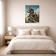 Unframed poster print of Thomas Hart Benton's The Kentuckian displayed on a wall in a bedroom