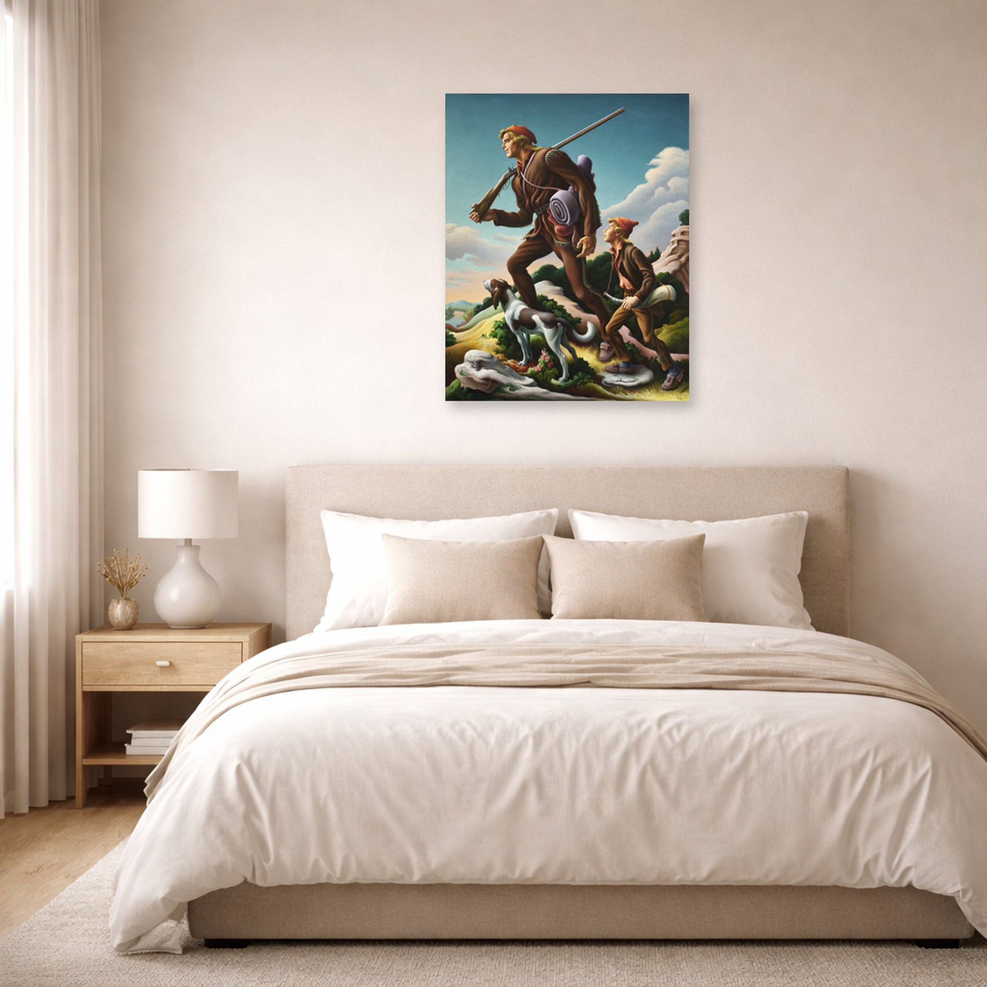 Unframed poster print of Thomas Hart Benton's The Kentuckian displayed on a wall in a bedroom